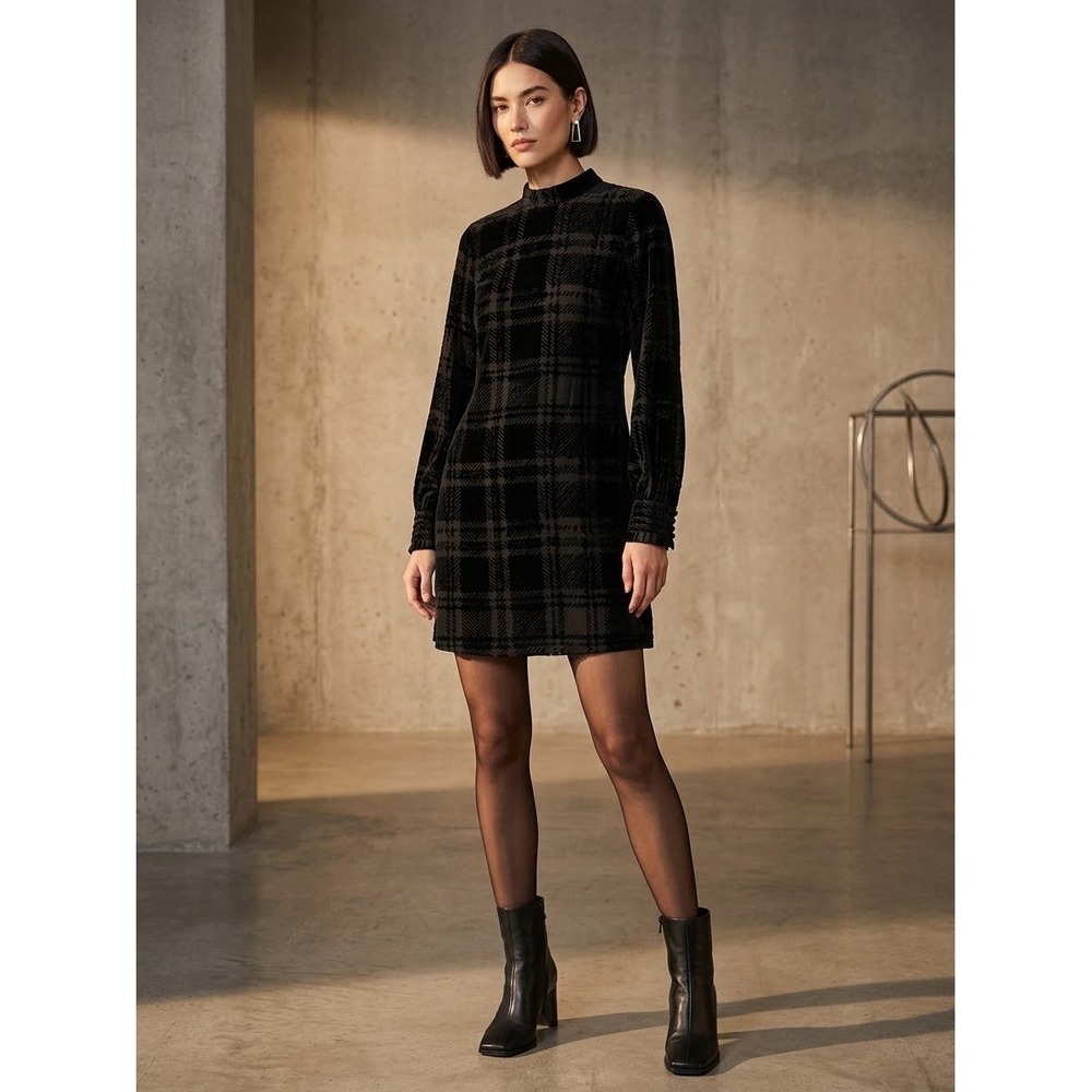 Lela Rose Black Burnout Velvet Plaid Mock Neck Mini Dress Size 6